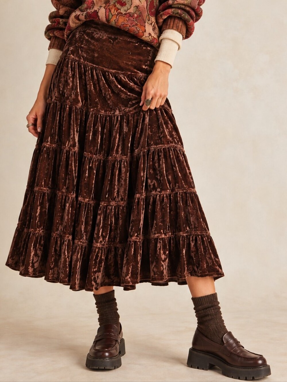 VINTAGE SILVERGATE CRUSHED VELVET TIERED MIDI SKIRT BROWN BOHO WHIMSIGOTH M - Picture 3 of 6